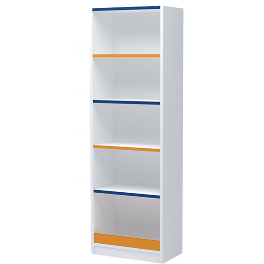 Estantería de melamina blanca con estantes regulables y compartimento inferior con contención. Ideal para todo tipo de tiendas