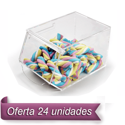 Pack de 24 carameleras de metacrilato de 16,3x25x16,6cm. Oferta de ahorro para tiendas de golosinas.