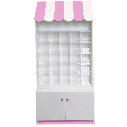 Mueble de melamina con tejado decorativo, carameleras de metacrilato y espacio inferior de almacenaje con puertas. Diseño a medida para tiendas de chuches, práctico y llamativo para organizar y exponer productos de forma ordenada.