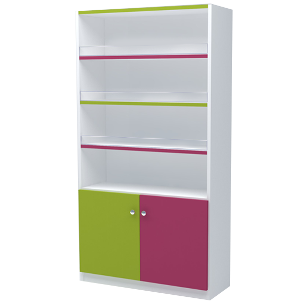 Estantería de melamina con puertas inferiores y estantes regulables con contención de metacrilato.