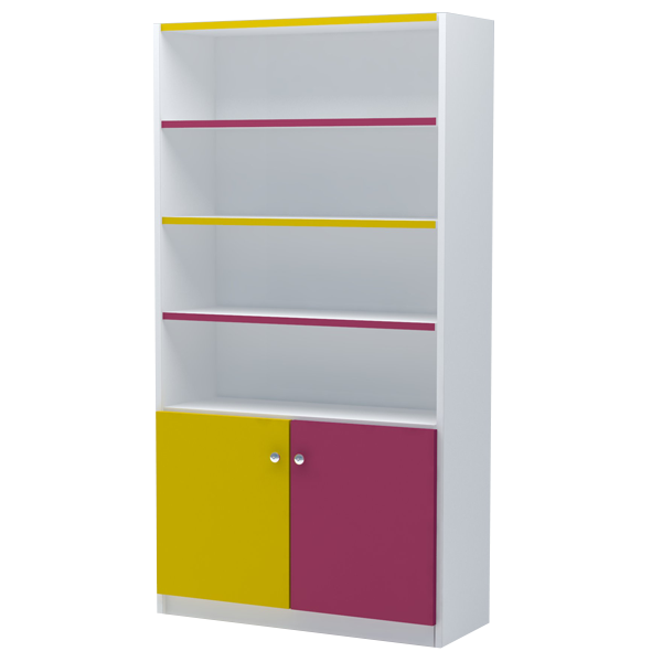 Estantería de melamina blanca con puertas inferiores y estantes regulables, ideal para comercios y oficinas.