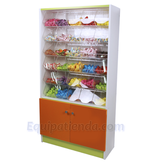 Expositor de caramelos con 30 carameleras de metacrilato y compartimento inferior con puertas, ideal para tiendas de golosinas y supermercados.