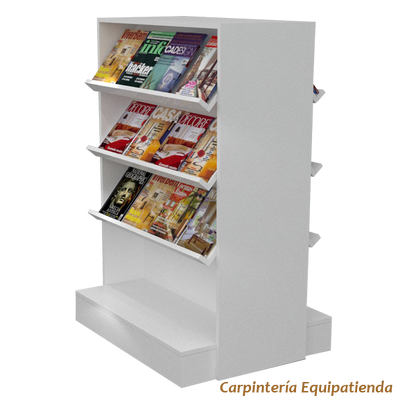 Revistero góndola de 89x72x140cm en melamina blanca, con estantes inclinados para exhibición de revistas y libros. Fabricación a medida.