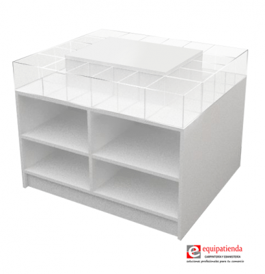 Isla central con cubos de metacrilato y estantes inferiores, ideal para tiendas y supermercados.