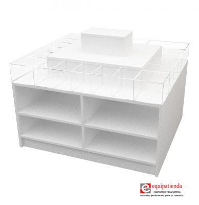 Isla central con cubos de metacrilato y estantes inferiores, ideal para exhibición en tiendas y supermercados.