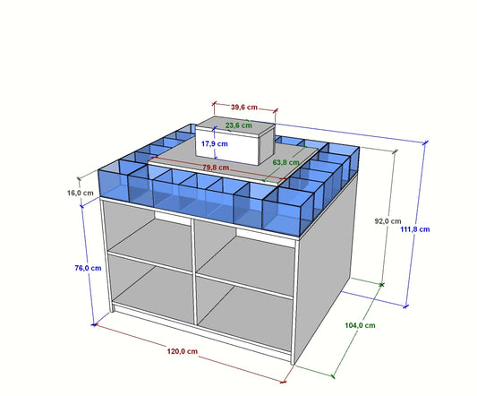 Isla central con cubos de metacrilato y compartimentos. Ideal  para tiendas y negocios.