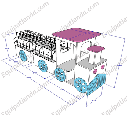 Isla central temática de tren de 280x60x120cm, con locomotora y vagones para exhibir golosinas. Fabricada a medida en melamina.