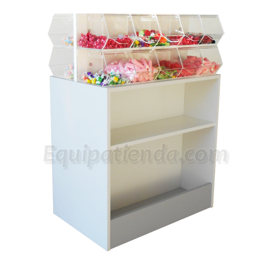 Isla central expositora con carameleras de metacrilato para golosinas y estantería inferior.
