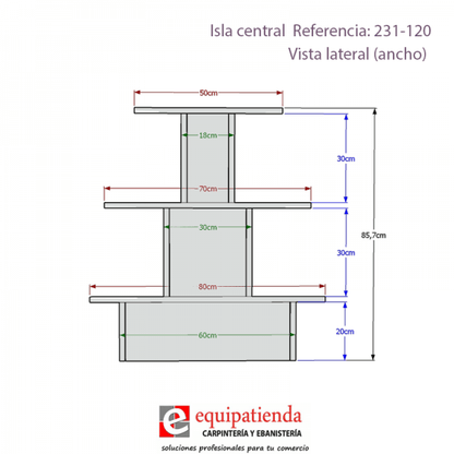 Isla central de 120x80x85,7cm en madera melamina, con tres estantes escalonados de menor a mayor. Mueble comercial fabricado a medida para tiendas y comercios.