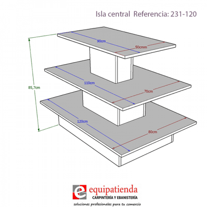Isla central de 120x80x85,7cm en madera melamina, con tres estantes escalonados de menor a mayor. Mueble comercial fabricado a medida para tiendas y comercios.