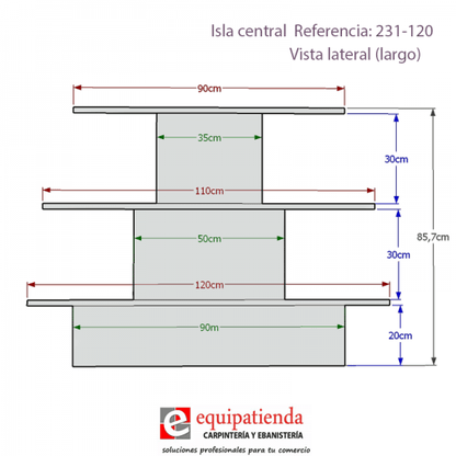 Isla central de 120x80x85,7cm en madera melamina, con tres estantes escalonados de menor a mayor. Mueble comercial fabricado a medida para tiendas y comercios.