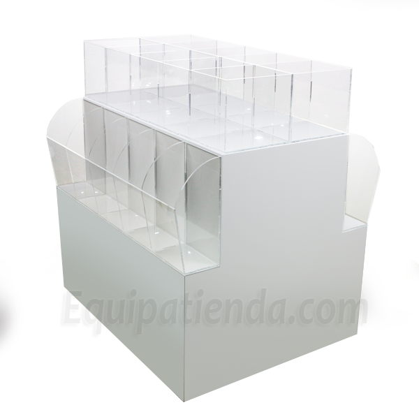 Isla central expositor con cubos de metacrilato abiertos y laterales con recipientes para snacks. Para tiendas y comercios