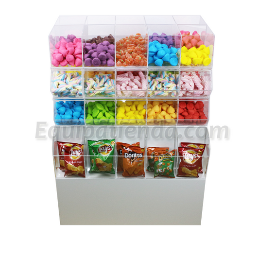 Isla central expositora con cubos abiertos, carameleras con tapa abatible y base para snacks.