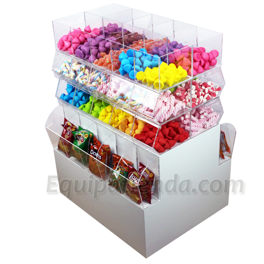 Isla central expositora con cubos abiertos, carameleras con tapa abatible y base para snacks.