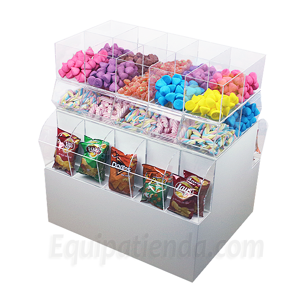 Isla central con carameleras y recipientes transparentes para golosinas y snacks.
