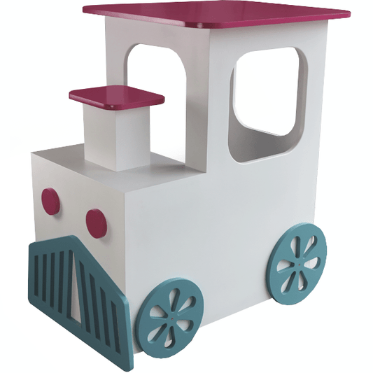 Isla central con diseño de locomotora para tiendas de golosinas y comercios infantiles.