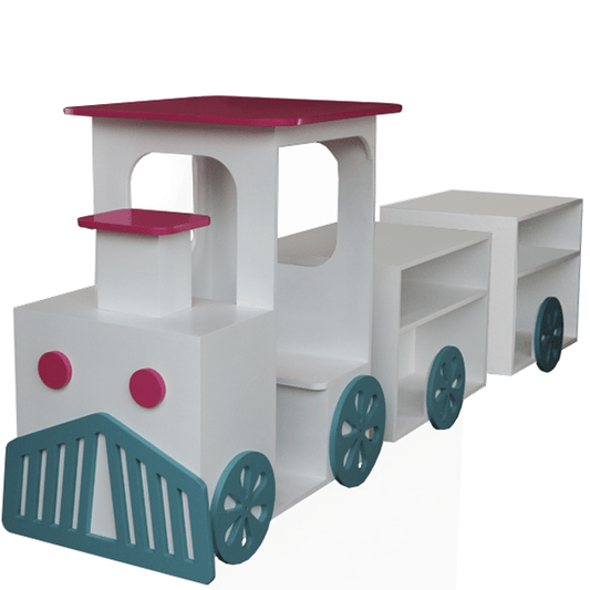 Isla central en forma de tren con estantes para exhibición en tiendas de golosinas.