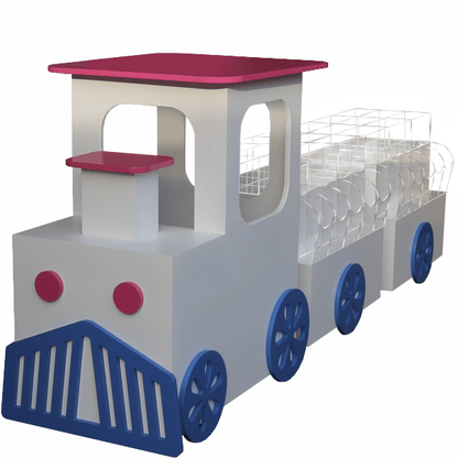 Isla central temática de tren de 280x60x120cm, con locomotora y vagones para exhibir golosinas. Fabricada a medida en melamina.