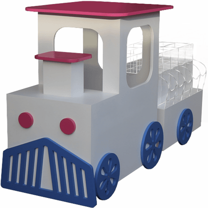 Isla central temática de tren de 190x60x120cm, con locomotora y vagones para exhibir golosinas. Fabricada a medida en melamina.