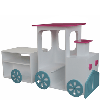 Isla central temática de tren de 190x60x120cm, con locomotora y vagones para exhibir golosinas. Fabricada a medida en melamina.