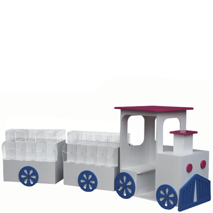 Isla central temática de tren de 280x60x120cm, con locomotora y vagones para exhibir golosinas. Fabricada a medida en melamina.