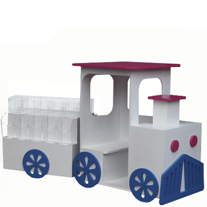 Isla central temática de tren de 190x60x120cm, con locomotora y vagones para exhibir golosinas. Fabricada a medida en melamina.