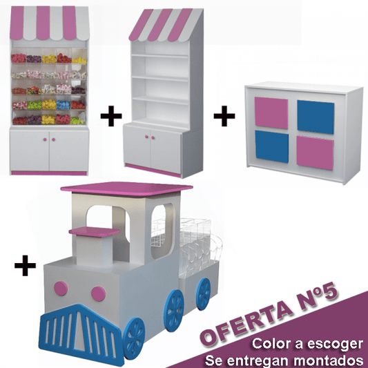 Conjunto para tienda de chuches con mueble de estanterías, mueble con carameleras, mostrador con paneles de colores y expositor en forma de tren. Personalizable y entregado montado.