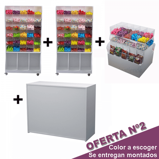 Pack de mobiliario para tienda de golosinas con expositores móviles, mostrador con estantes y isla central con compartimentos de metacrilato.