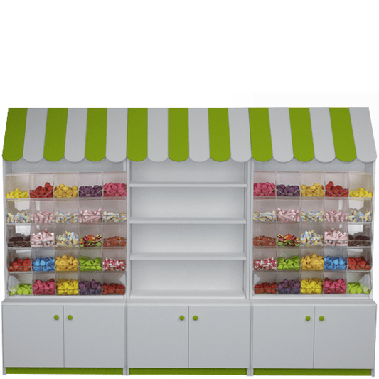 Mueble expositor para golosinas con carameleras de metacrilato, estantes regulables y almacenamiento inferior con puertas.