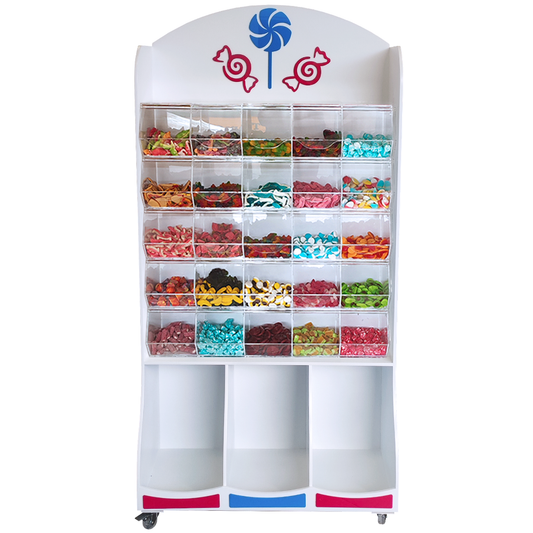 Mobiliario con metacrilato fabricado a medida para tiendas de chuches, con estructura de melamina y compartimentos inferiores para snacks. Solución práctica e higiénica para la exposición organizada de golosinas y productos de impulso.