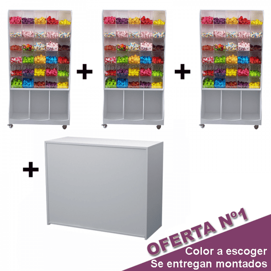 Muebles de madera melamina con carameleras de metacrilato, fabricados a medida. Ideales para tiendas de golosinas, kioscos y espacios de autoservicio. Diseño funcional, higiénico y atractivo para una exposición ordenada.