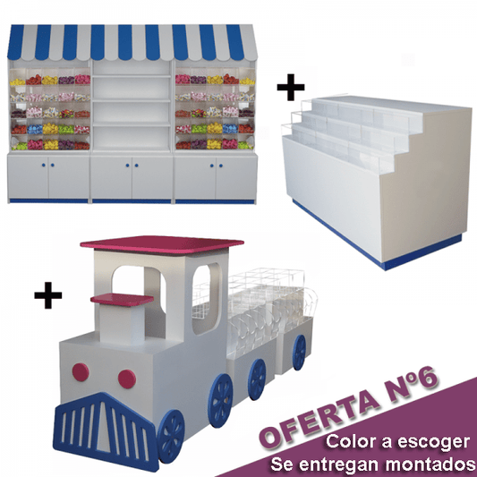 Pack de mobiliario para tienda de golosinas con mueble de carameleras, isla central en forma de tren y mostrador con frontales de metacrilato.