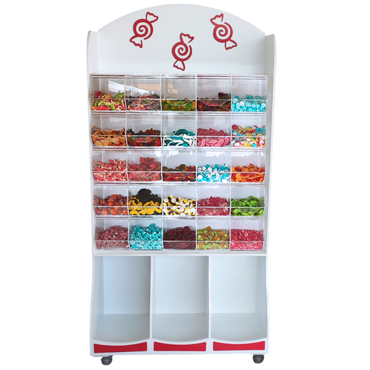 Mobiliario con metacrilato fabricado a medida para tiendas de chuches, con estructura de melamina y compartimentos inferiores para snacks. Solución práctica e higiénica para la exposición organizada de golosinas y productos de impulso.