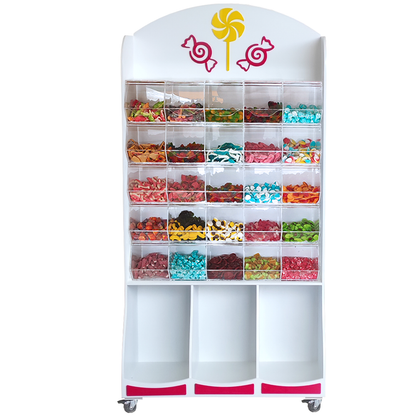 Mueble para golosinas de 83x39x164cm, con carameleras de metacrilato y almacenaje inferior. Fabricado a medida en melamina.