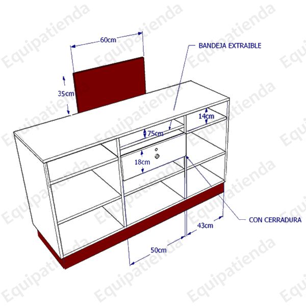 Mostrador de melamina con marquesina, estantes regulables y cajón con cerradura, fabricado a medida. Ideal para recepciones, oficinas y puntos de cobro. Diseño funcional, seguro y adaptable a distintos espacios comerciales.