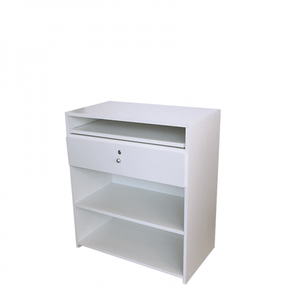 Mostrador punto de venta de 90x50x90cm, con cajón y estantes regulables. Ideal para tiendas y comercios.