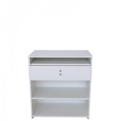 Mostrador punto de venta de 90x50x90cm, con cajón y estantes regulables. Ideal para tiendas y comercios.