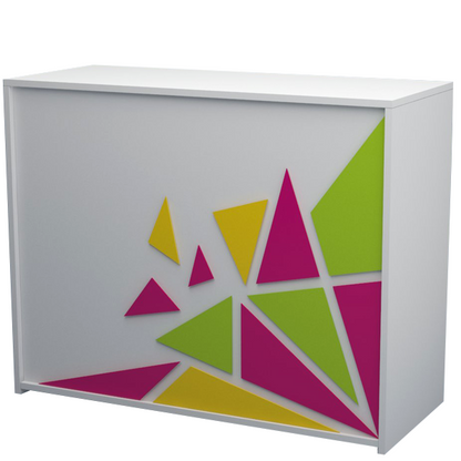 Mostrador de 120x50x90cm con paneles decorativos de colores personalizables, estantes regulables y cajón. Ideal para tiendas y oficinas.