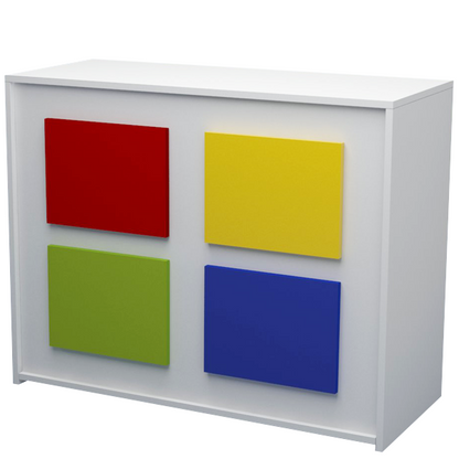 Mostrador de 120x50x90cm con paneles decorativos de colores personalizables, estantes regulables y cajón. Ideal para tiendas y oficinas.