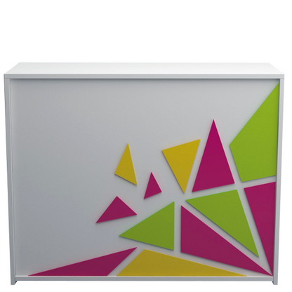 Mostrador de 120x50x90cm con paneles decorativos de colores personalizables, estantes regulables y cajón. Ideal para tiendas y oficinas.