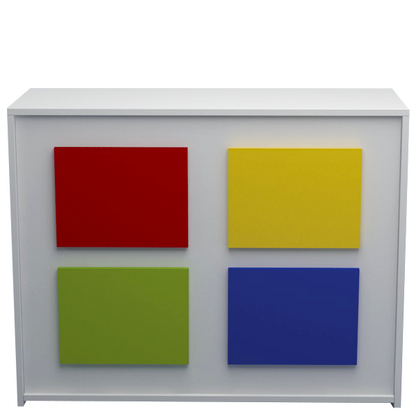 Mostrador de 120x50x90cm con paneles decorativos de colores personalizables, estantes regulables y cajón. Ideal para tiendas y oficinas.
