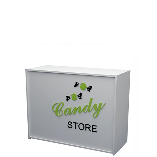 Mostrador blanco con frontal decorativo "Candy Store" en metacrilato. ideal para tiendas de golosinas. Fabricación a medida