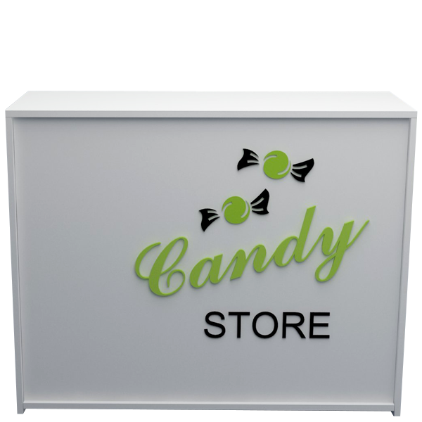 Mostrador blanco con letras en relieve "Candy Store" y detalles de caramelos en negro y verde, ideal para tiendas de golosinas.
