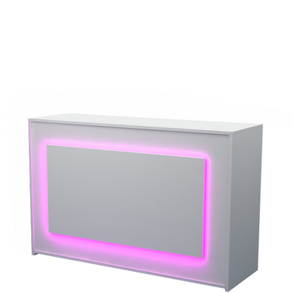 Mostrador de 150x50x90cm con iluminación LED, estantes regulables y cajón con cerradura. Ideal para recepciones y comercios.