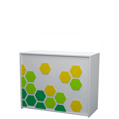 Mostrador de 120x50x90cm con paneles decorativos de colores personalizables, estantes regulables y cajón. Ideal para tiendas y oficinas.