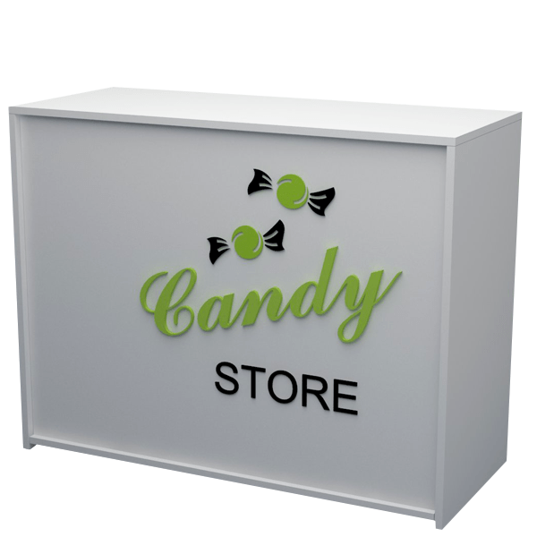 Mostrador blanco con decoración frontal en metacrilato con el texto "Candy Store", ideal para tiendas de golosinas.