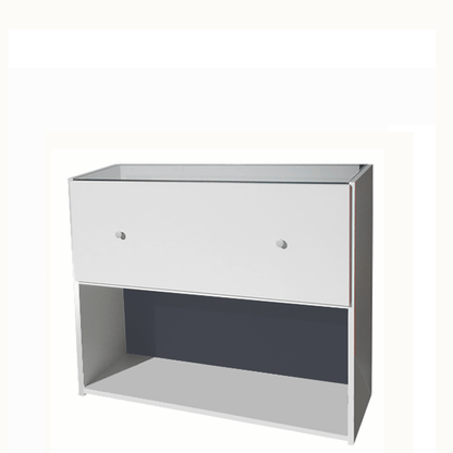 Mostrador vitrina de 120x50x90cm con vitrina escalonada de cristal templado y almacenamiento integrado. Fabricación a medida.