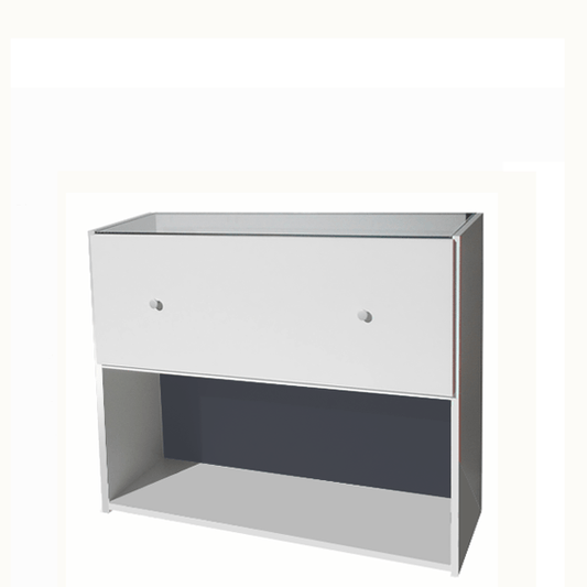 Mostrador con vitrina escalonada de cristal templado y almacenamiento integrado. Ideal para tienda y negocios. Fabricación a medida