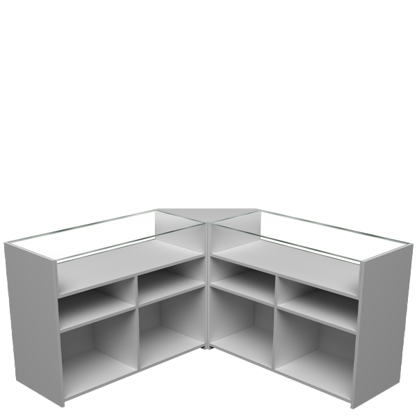 Mostrador esquinero con vitrinas de cristal templado y estantes de almacenamiento, ideal para exhibición en tiendas.