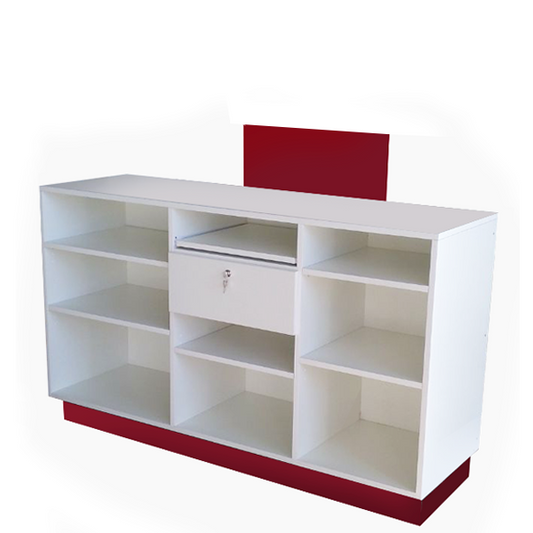 Mostrador de melamina con marquesina, estantes regulables y cajón con cerradura, fabricado a medida. Ideal para recepciones, oficinas y puntos de cobro. Diseño funcional, seguro y adaptable a distintos espacios comerciales.